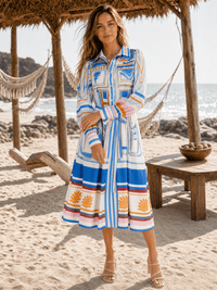 WOMEN'S LONG SLEEVE SELF TIE BUTTON UP MULTI PRINT MIDI DRESS
