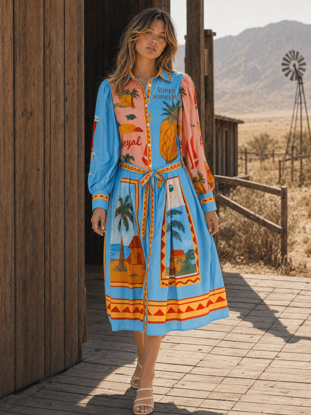 WOMEN'S LONG SLEEVE SELF TIE BUTTON UP MULTI PRINT MIDI DRESS