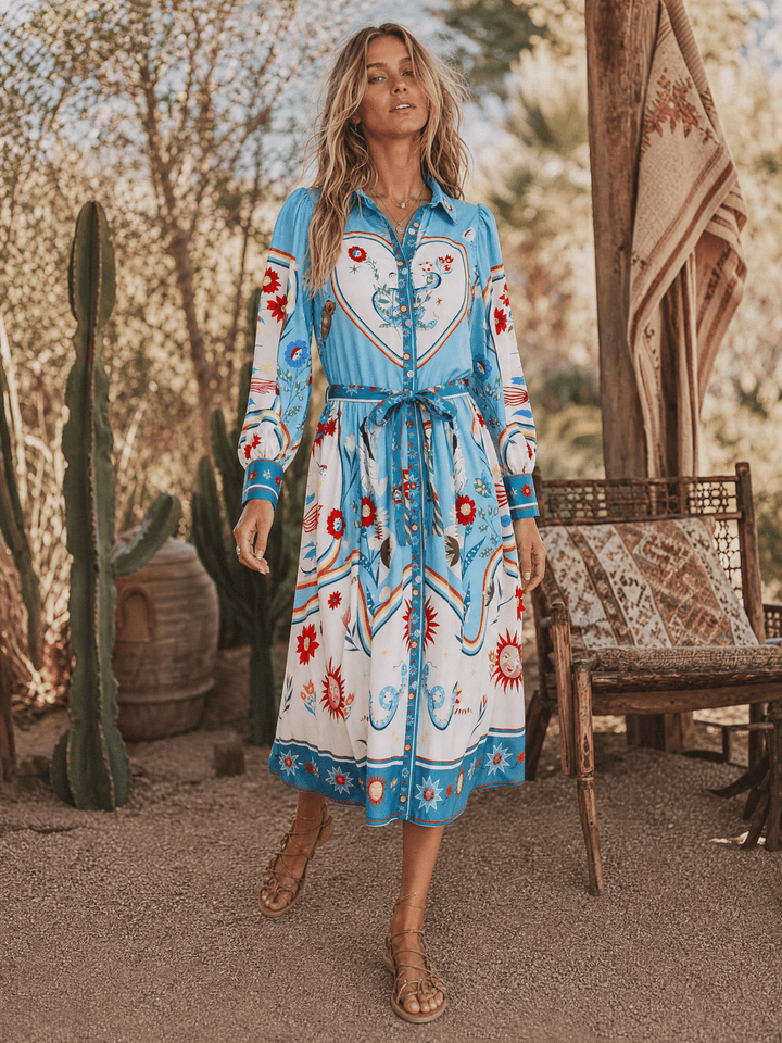 WOMEN'S LONG SLEEVE SELF TIE BUTTON UP MULTI PRINT MIDI DRESS