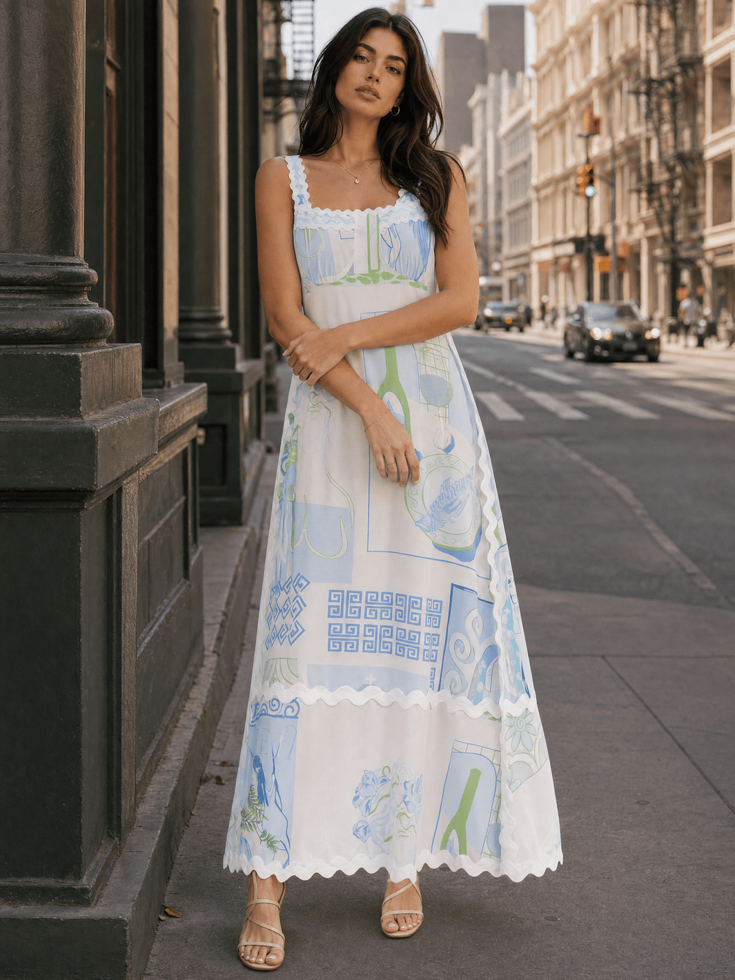 WOMEN'S SLEEVELESS OPEN BACK MULTI PRINT TIERED MAXI DRESS