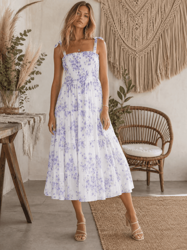 WOMEN'S SLEEVELESS SMOCK TIERED FLORAL MIDI DRESS