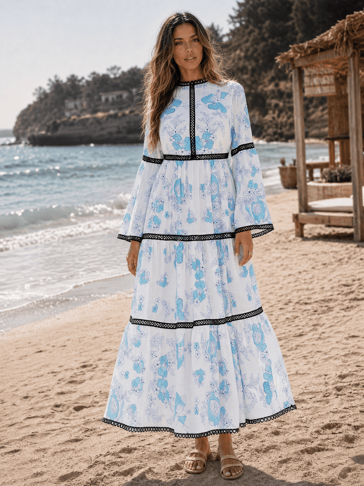 WOMEN'S LONG BELL SLEEVE TIERED FLORAL PRINT MAXI DRESS