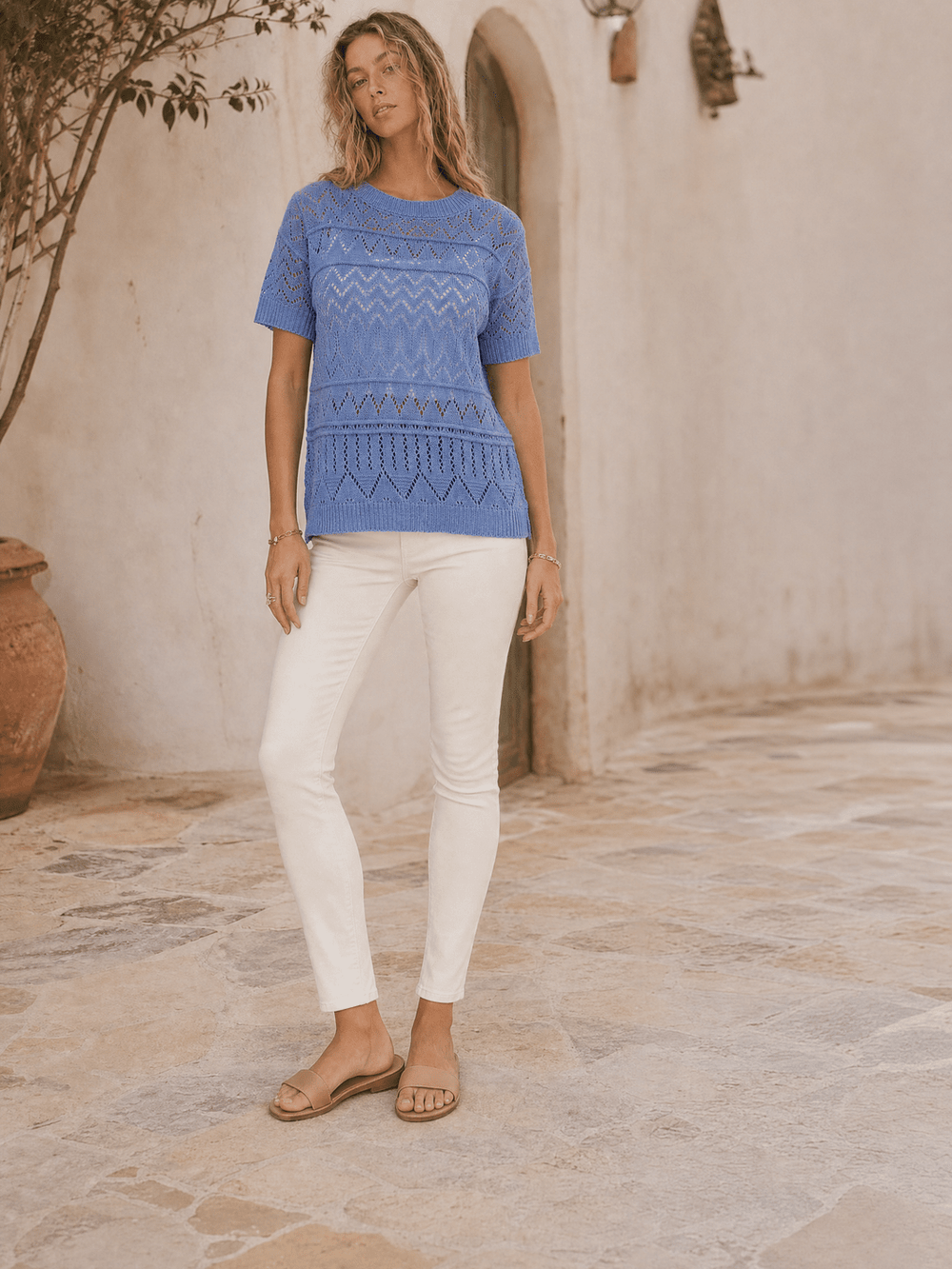 WOMEN'S SHORT SLEEVE CROCHET BLOUSE