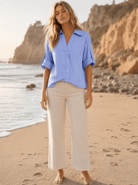 WOMEN'S SHORT SLEEVE BUTTON UP FRONT POCKET STRIPES SHIRT