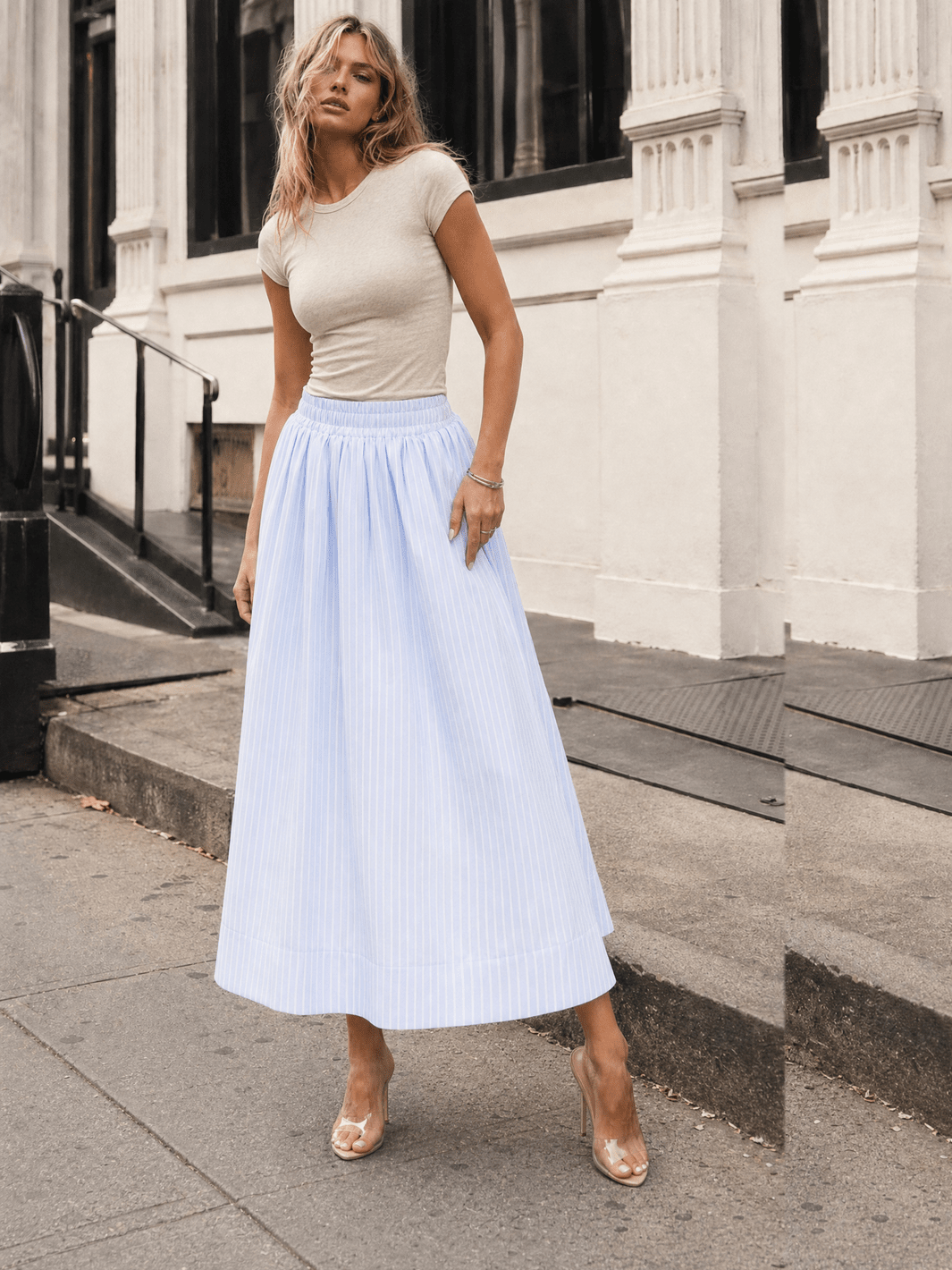 WOMEN'S ELASTIC WAIST FRONT POCKETS COLORBLOCK STRIPES MIDI SKIRT