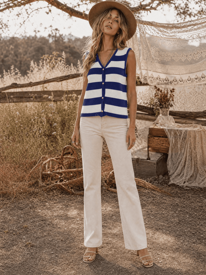 WOMEN'S SLEEVELESS V-NECK BUTTON UP COLORBLOCK STRIPES KNIT TOP