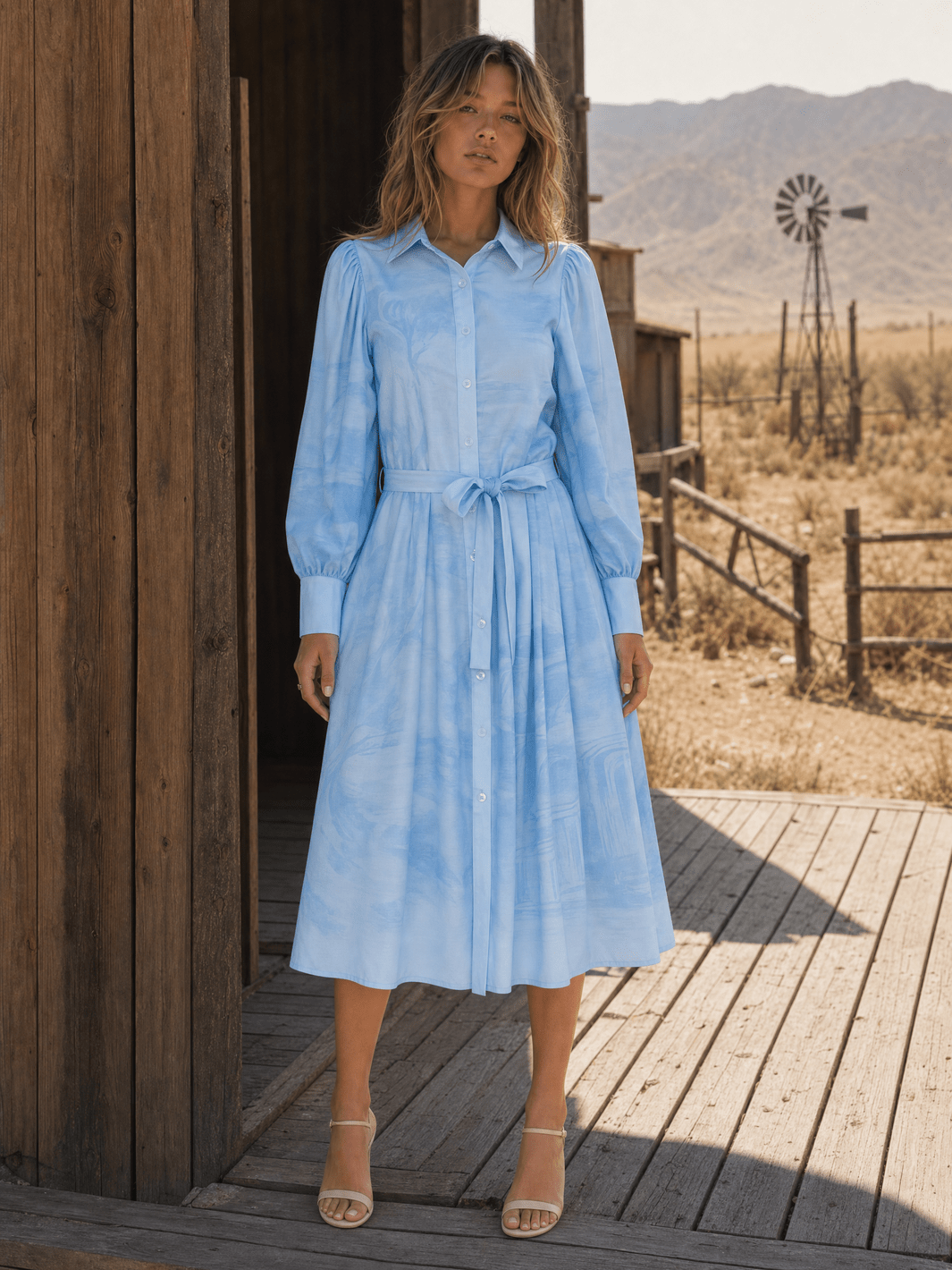 WOMEN'S LONG SLEEVE SELF TIE BUTTON UP MULTI PRINT TIE DYE MIDI DRESS