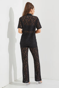 WOMEN'S SHORT SLEEVE BUTTON UP LACE BLOUSE