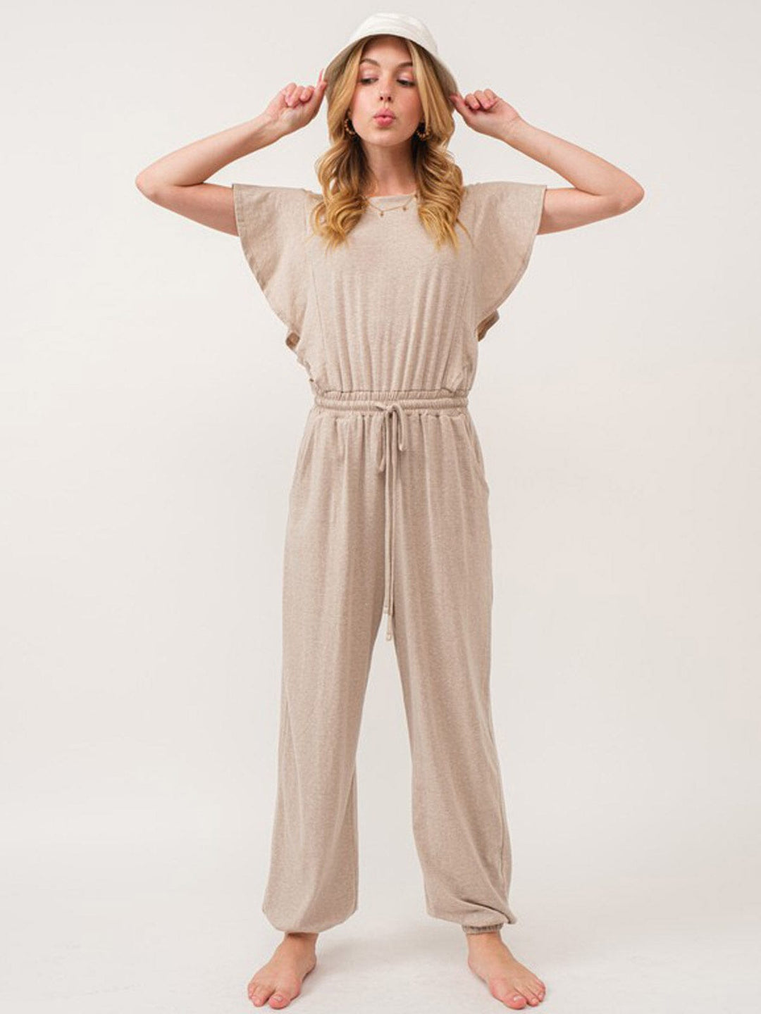 WOMEN'S SHORT SLEEVE RUFFLE ELASTIC WAIST FRONT POCKETS JOGGER JUMPSUIT