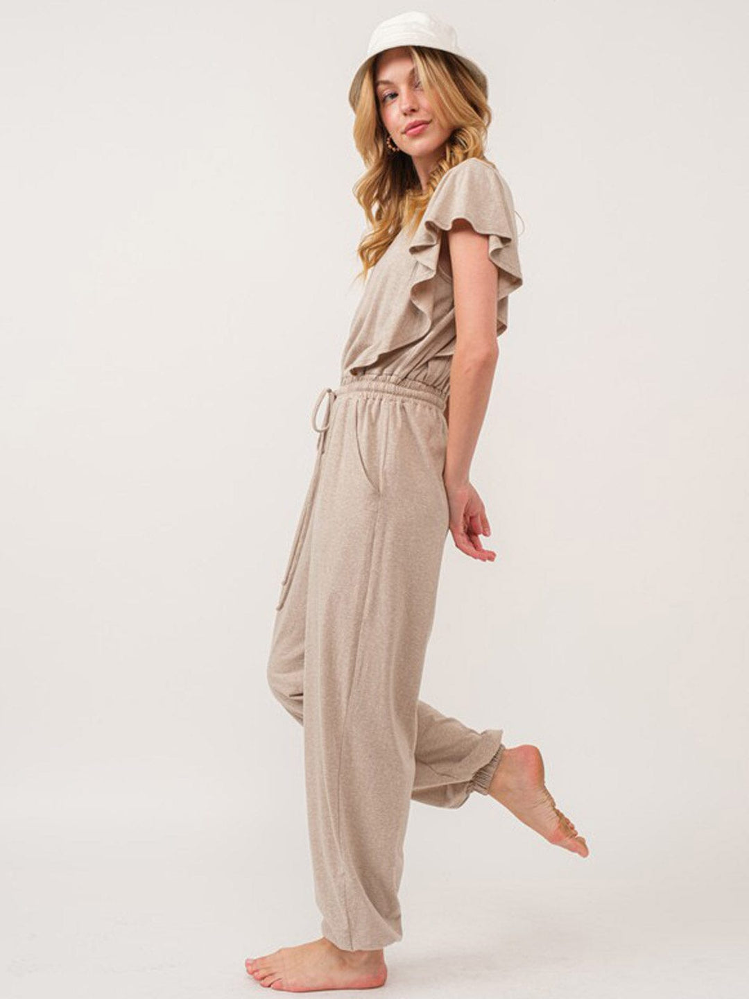 WOMEN'S SHORT SLEEVE RUFFLE ELASTIC WAIST FRONT POCKETS JOGGER JUMPSUIT