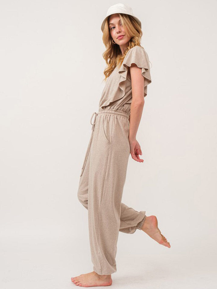 WOMEN'S SHORT SLEEVE RUFFLE ELASTIC WAIST FRONT POCKETS JOGGER JUMPSUIT