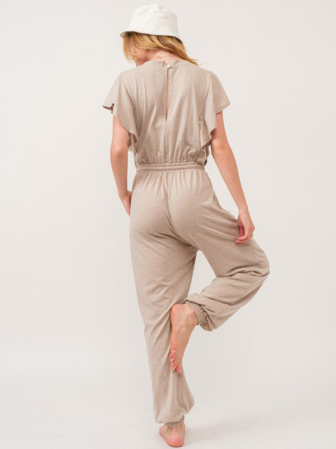 WOMEN'S SHORT SLEEVE RUFFLE ELASTIC WAIST FRONT POCKETS JOGGER JUMPSUIT