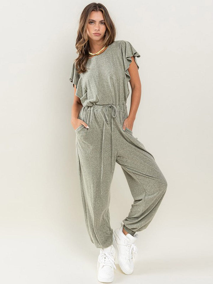 WOMEN'S SHORT SLEEVE RUFFLE ELASTIC WAIST FRONT POCKETS JOGGER JUMPSUIT