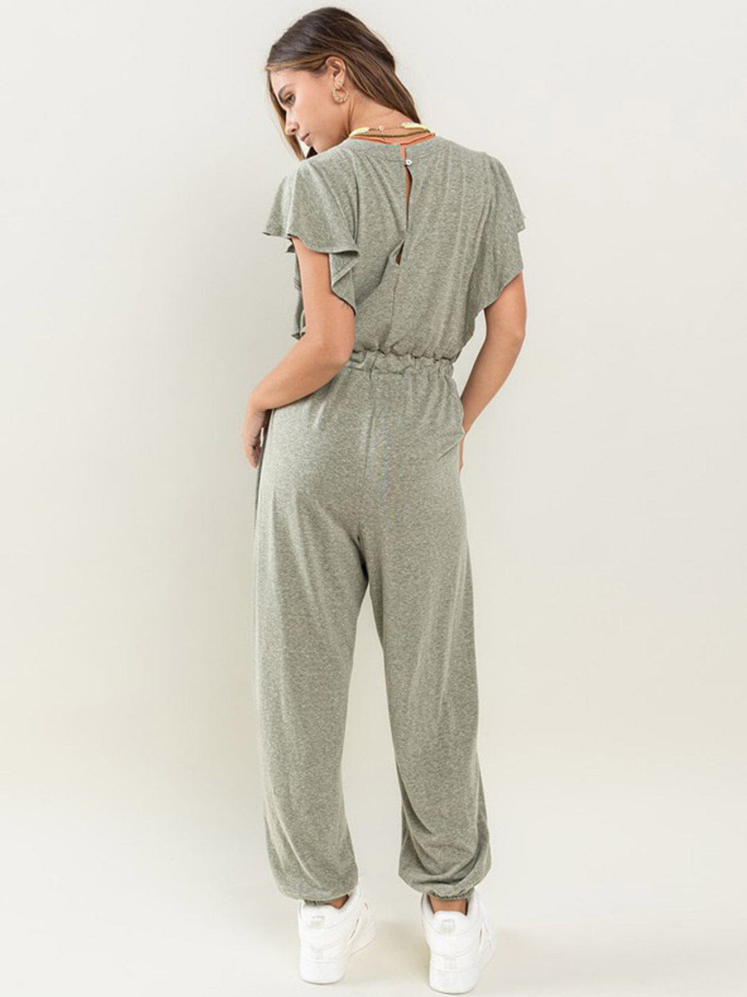 WOMEN'S SHORT SLEEVE RUFFLE ELASTIC WAIST FRONT POCKETS JOGGER JUMPSUIT