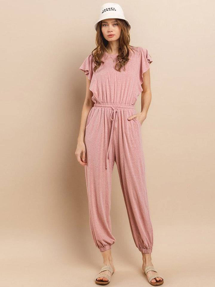 WOMEN'S SHORT SLEEVE RUFFLE ELASTIC WAIST FRONT POCKETS JOGGER JUMPSUIT