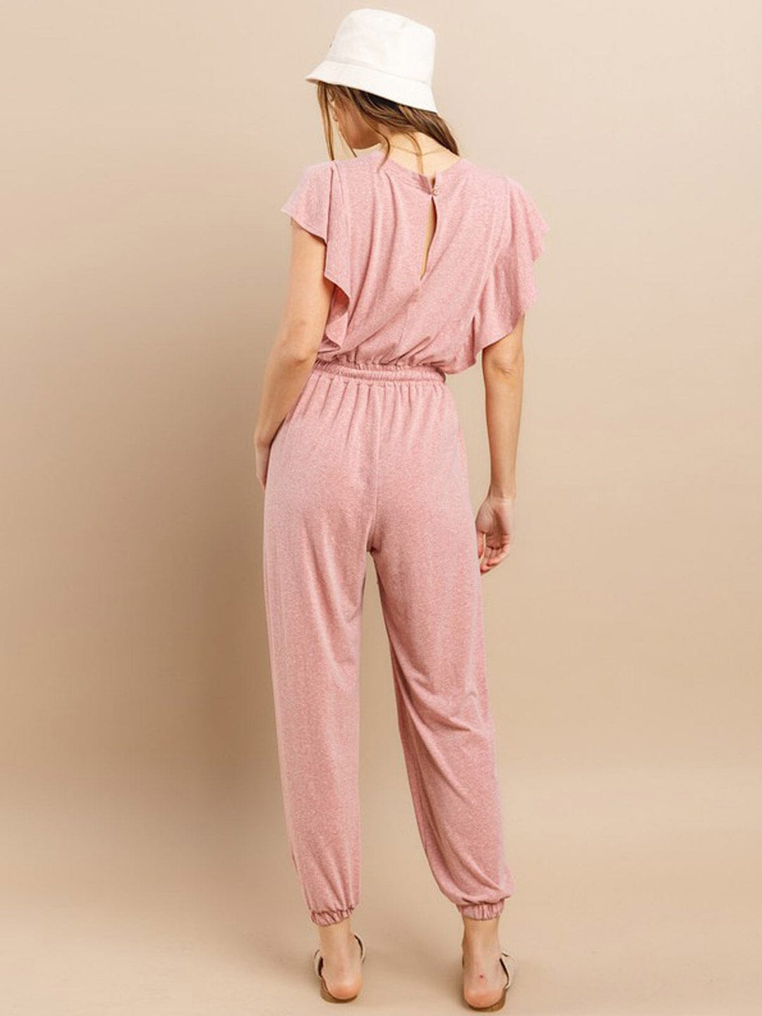 WOMEN'S SHORT SLEEVE RUFFLE ELASTIC WAIST FRONT POCKETS JOGGER JUMPSUIT