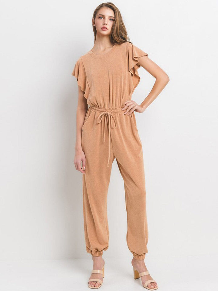WOMEN'S SHORT SLEEVE RUFFLE ELASTIC WAIST FRONT POCKETS JOGGER JUMPSUIT