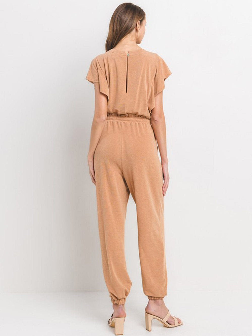 WOMEN'S SHORT SLEEVE RUFFLE ELASTIC WAIST FRONT POCKETS JOGGER JUMPSUIT