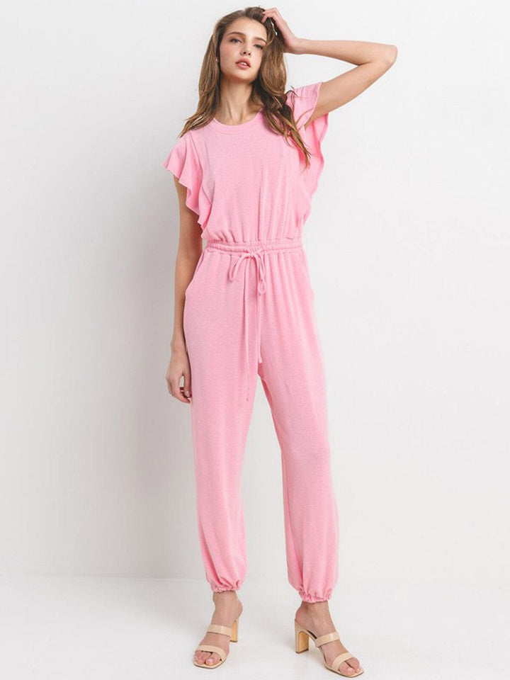 WOMEN'S SHORT SLEEVE RUFFLE ELASTIC WAIST FRONT POCKETS JOGGER JUMPSUIT