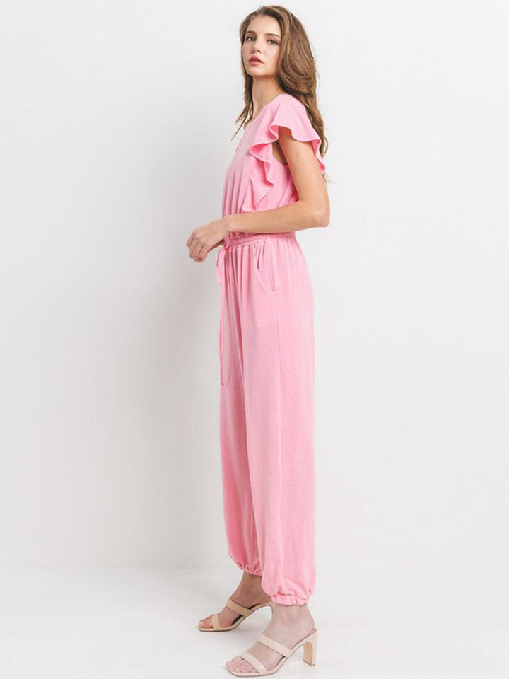 WOMEN'S SHORT SLEEVE RUFFLE ELASTIC WAIST FRONT POCKETS JOGGER JUMPSUIT