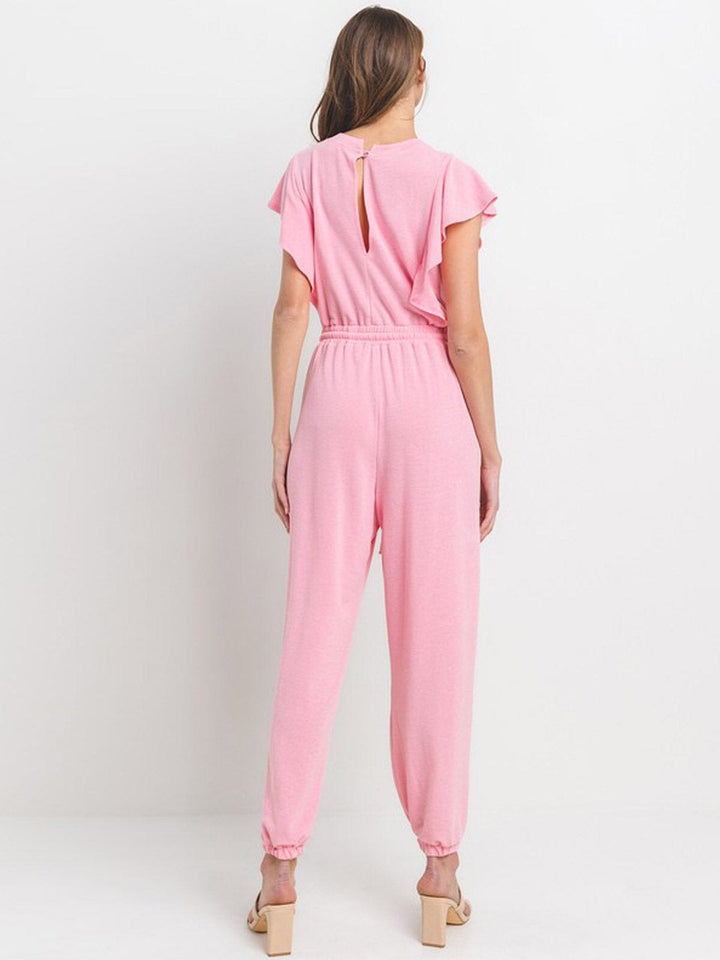 WOMEN'S SHORT SLEEVE RUFFLE ELASTIC WAIST FRONT POCKETS JOGGER JUMPSUIT