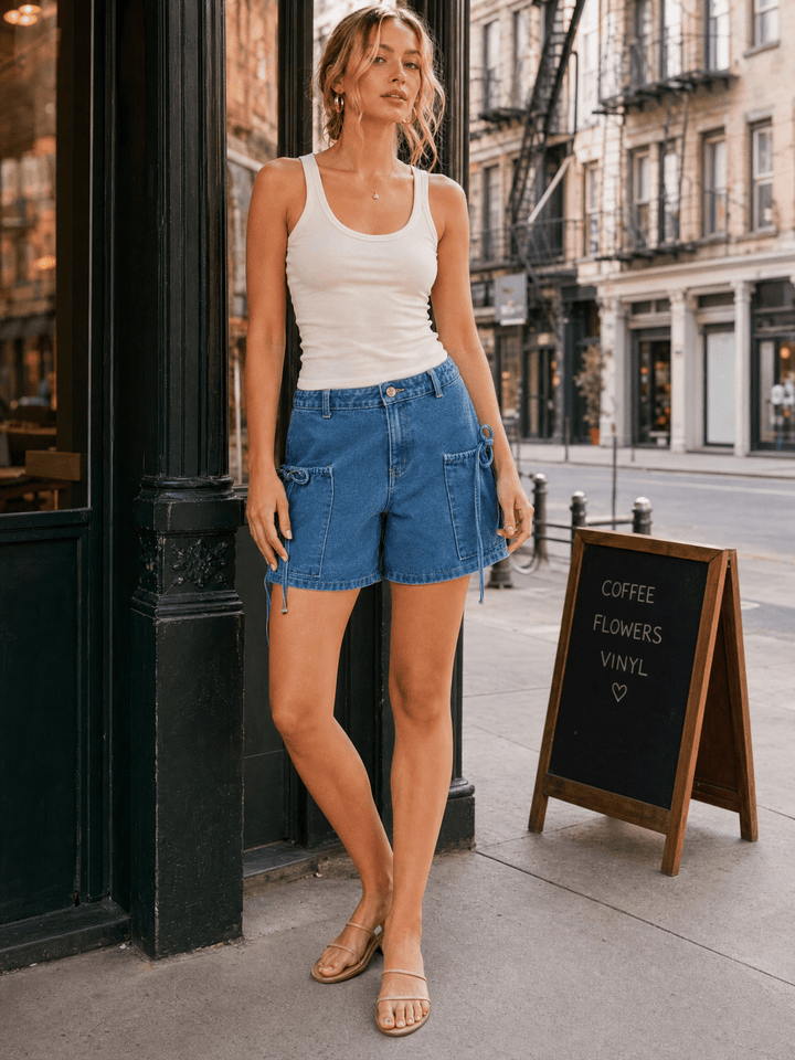 WOMEN'S BUTTON CLOSURE FRONT POCKETS DENIM MINI SHORTS