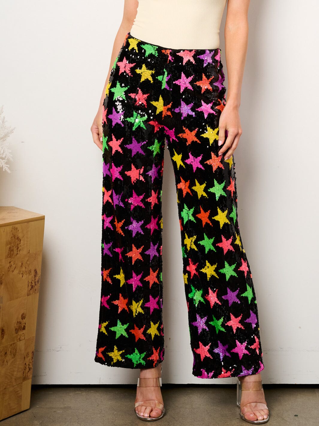 WOMEN'S ELASTIC WAIST SEQUINS STARS PRINT WIDE LEG PANTS