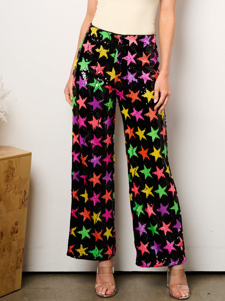 WOMEN'S ELASTIC WAIST SEQUINS STARS PRINT WIDE LEG PANTS