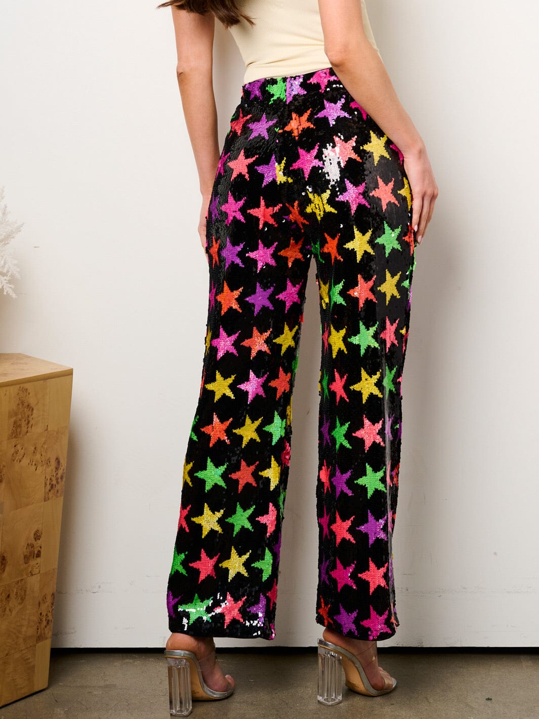 WOMEN'S ELASTIC WAIST SEQUINS STARS PRINT WIDE LEG PANTS