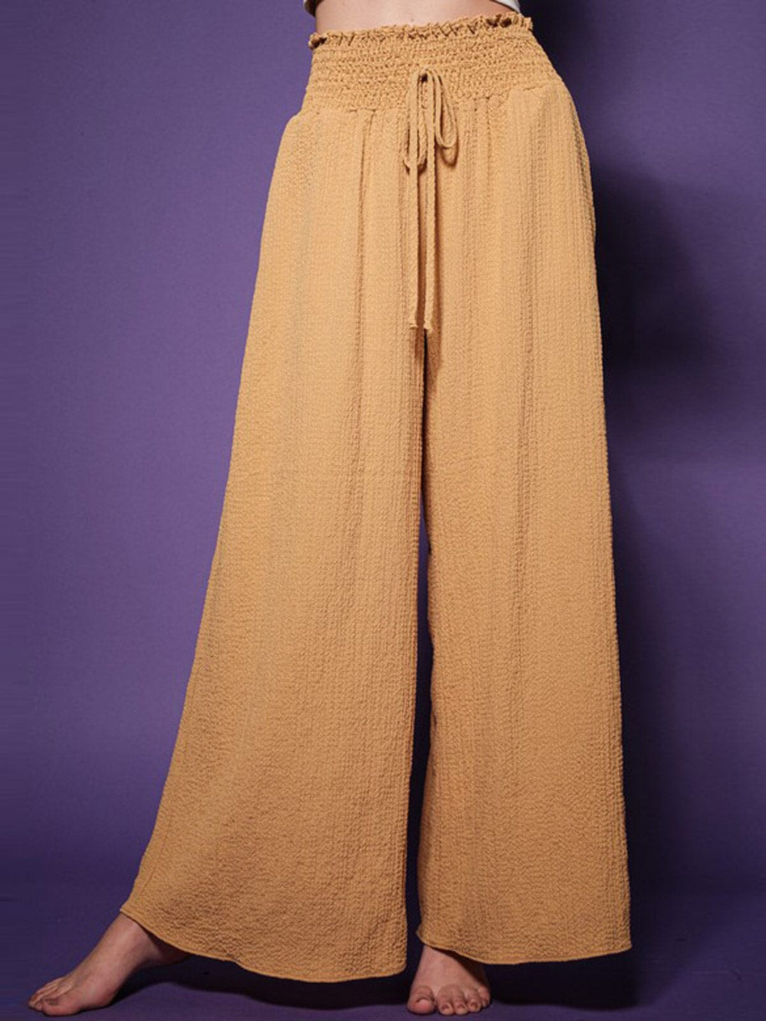 WOMEN'S SMOCK WAIST FRONT POCKETS WIDE LEG PANTS
