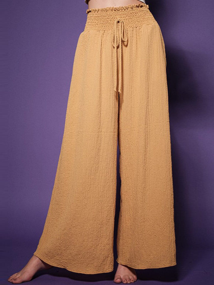 WOMEN'S SMOCK WAIST FRONT POCKETS WIDE LEG PANTS