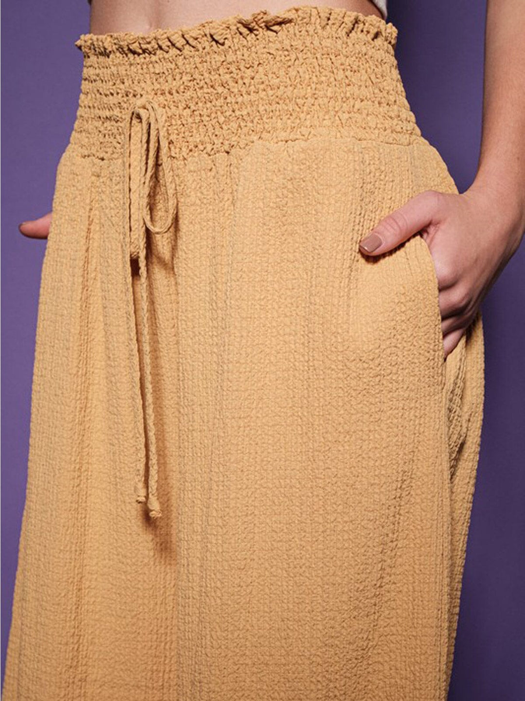 WOMEN'S SMOCK WAIST FRONT POCKETS WIDE LEG PANTS