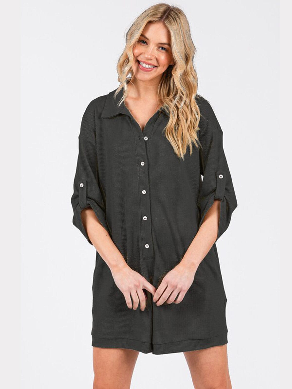 WOMEN'S SHORT SLEEVE FRONT POCKETS BUTTON UP WAFFLE ROMPER