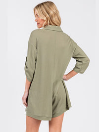 WOMEN'S SHORT SLEEVE FRONT POCKETS BUTTON UP WAFFLE ROMPER