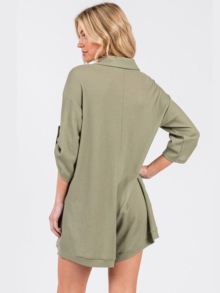 WOMEN'S SHORT SLEEVE FRONT POCKETS BUTTON UP WAFFLE ROMPER