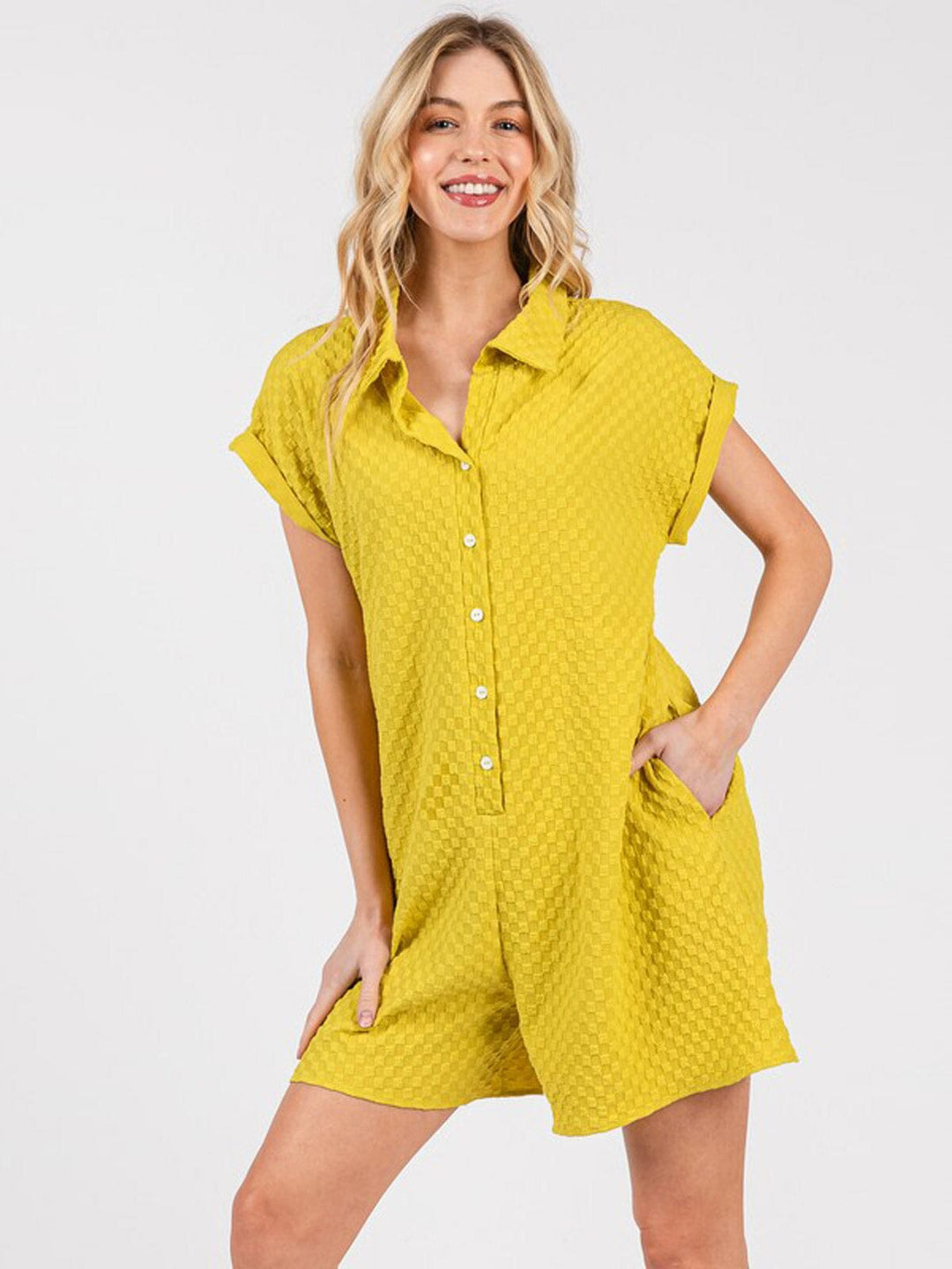 WOMEN'S SHORT SLEEVE FRONT POCKETS BUTTON UP WAFFLE ROMPER