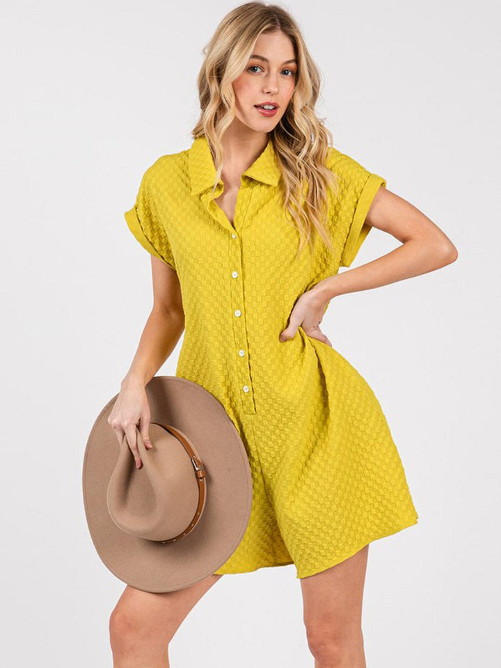 WOMEN'S SHORT SLEEVE FRONT POCKETS BUTTON UP WAFFLE ROMPER