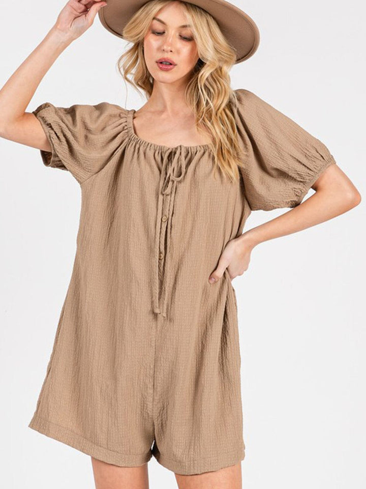 WOMEN'S SHORT PUFF SLEEVES FRONT POCKET ROMPER