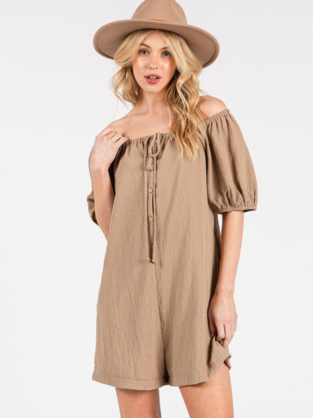 WOMEN'S SHORT PUFF SLEEVES FRONT POCKET ROMPER
