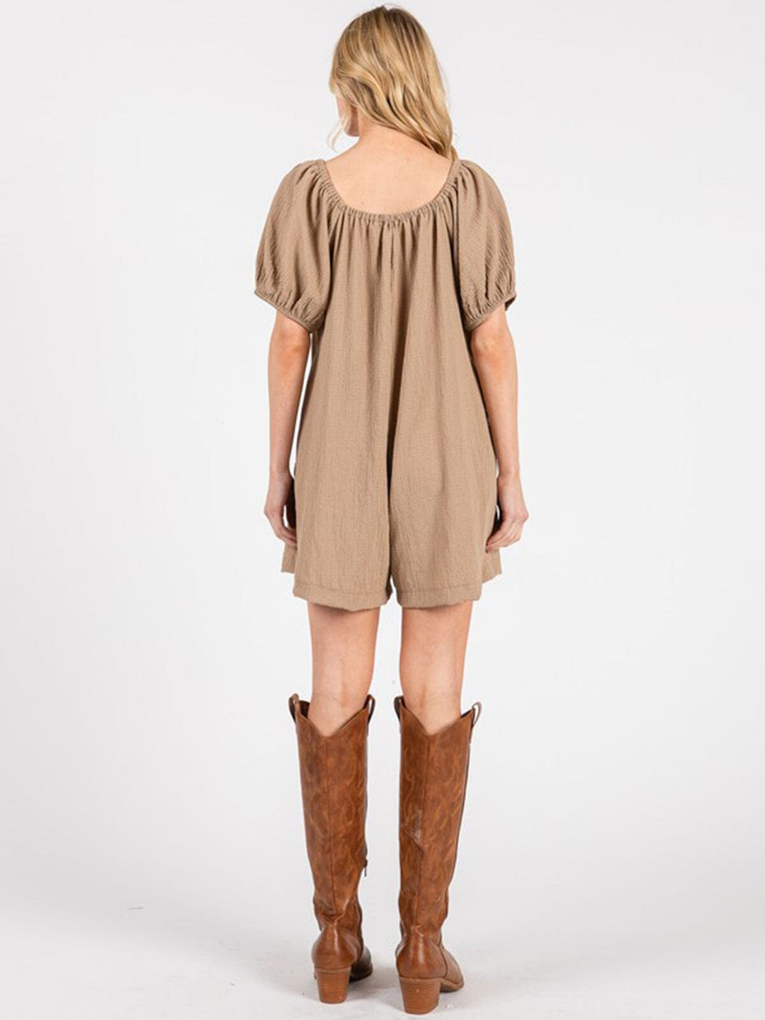 WOMEN'S SHORT PUFF SLEEVES FRONT POCKET ROMPER