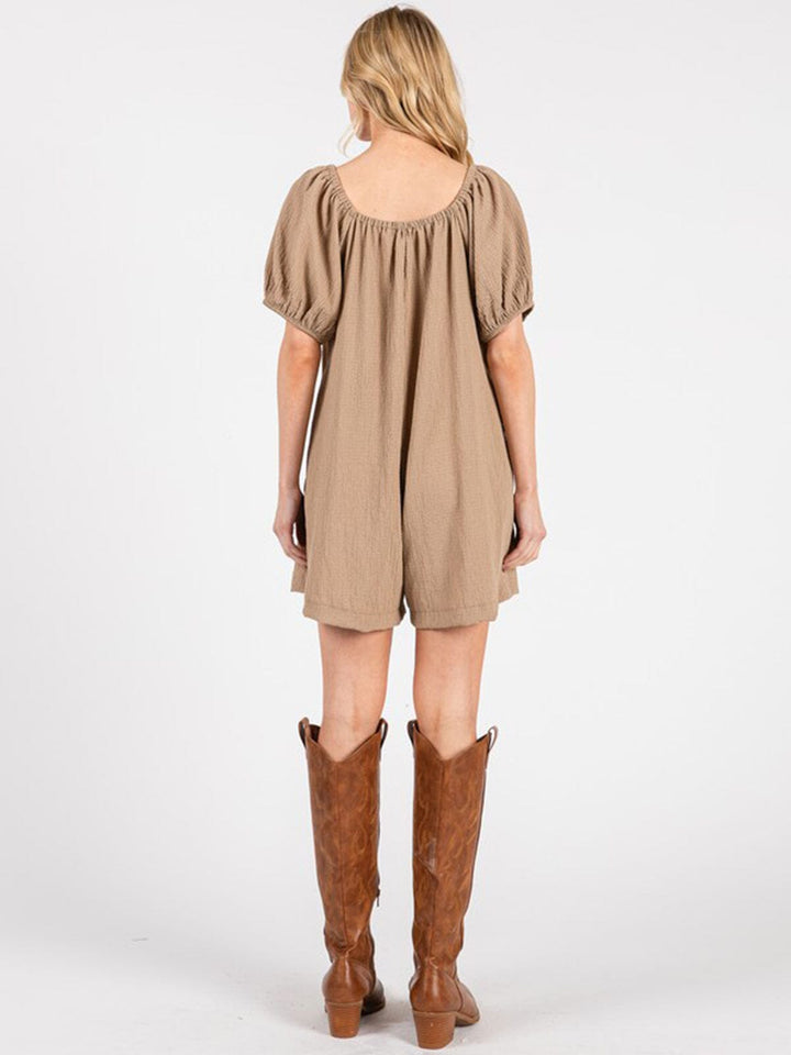 WOMEN'S SHORT PUFF SLEEVES FRONT POCKET ROMPER