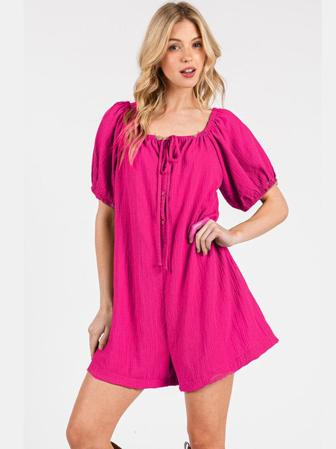 WOMEN'S SHORT PUFF SLEEVES FRONT POCKET ROMPER