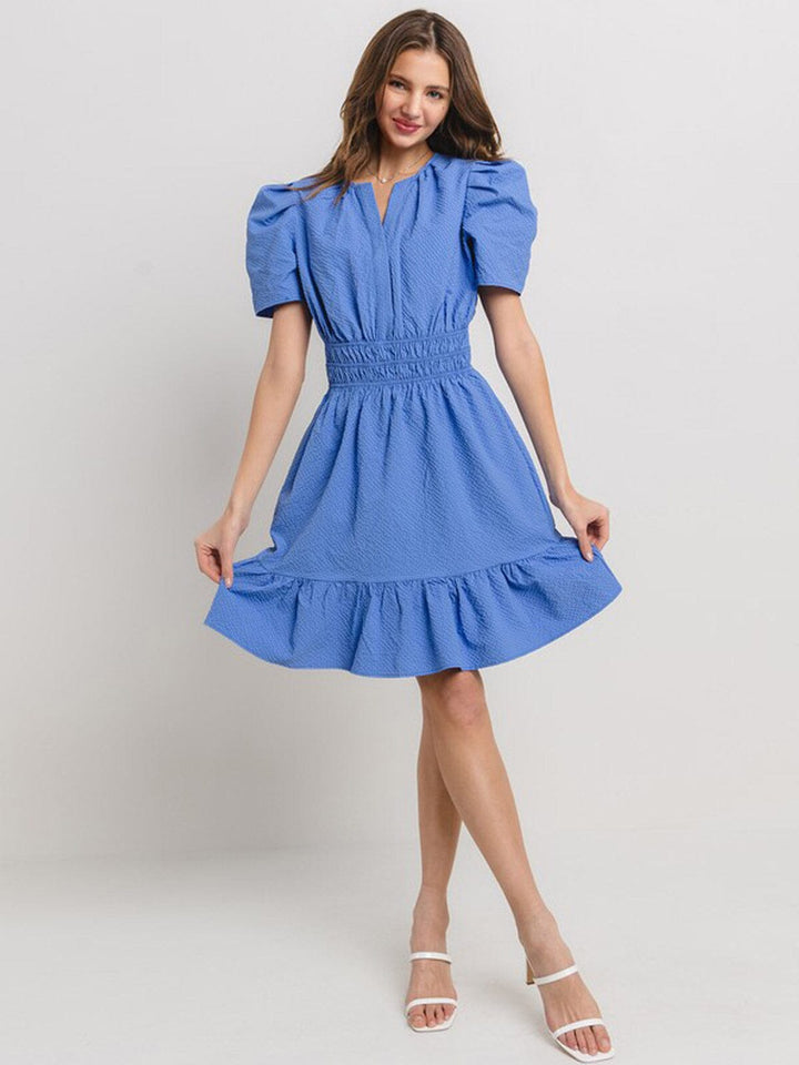 WOMEN'S SHORT PUFF SLEEVE V-NECK ELASTIC WAIST FRONT POCKETS DETAILED MINI DRESS