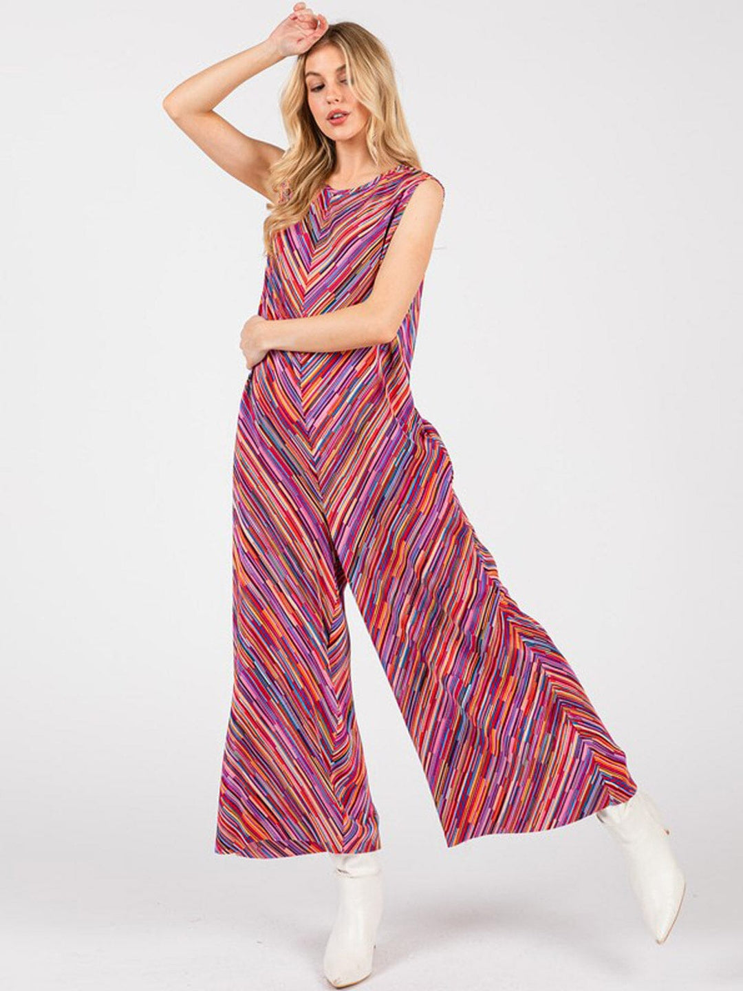 WOMEN'S SLEEVELESS FRONT POCKET MULTI PRINT WIDE LEG JUMPSUIT