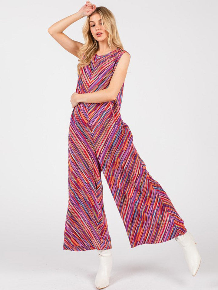 WOMEN'S SLEEVELESS FRONT POCKET MULTI PRINT WIDE LEG JUMPSUIT