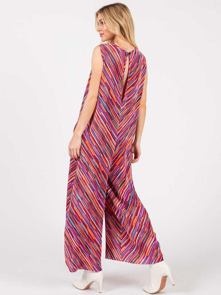 WOMEN'S SLEEVELESS FRONT POCKET MULTI PRINT WIDE LEG JUMPSUIT