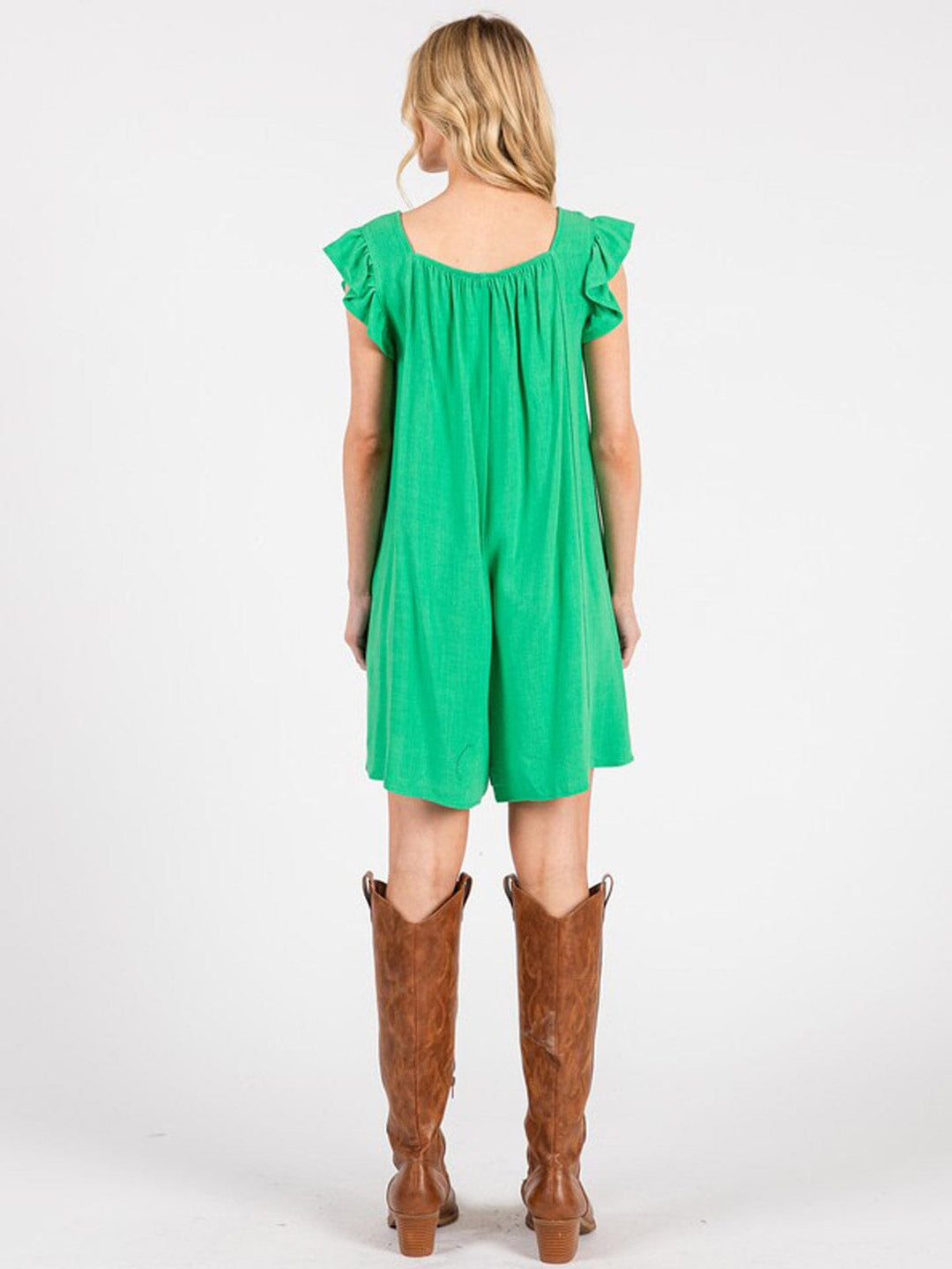 WOMEN'S SHORT RUFFLE SLEEVE FRONT POCKETS ROMPER