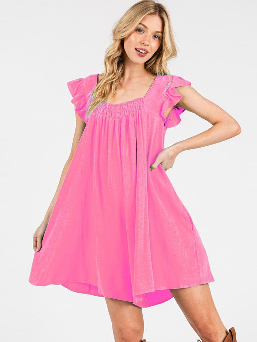 WOMEN'S SHORT RUFFLE SLEEVE FRONT POCKETS ROMPER