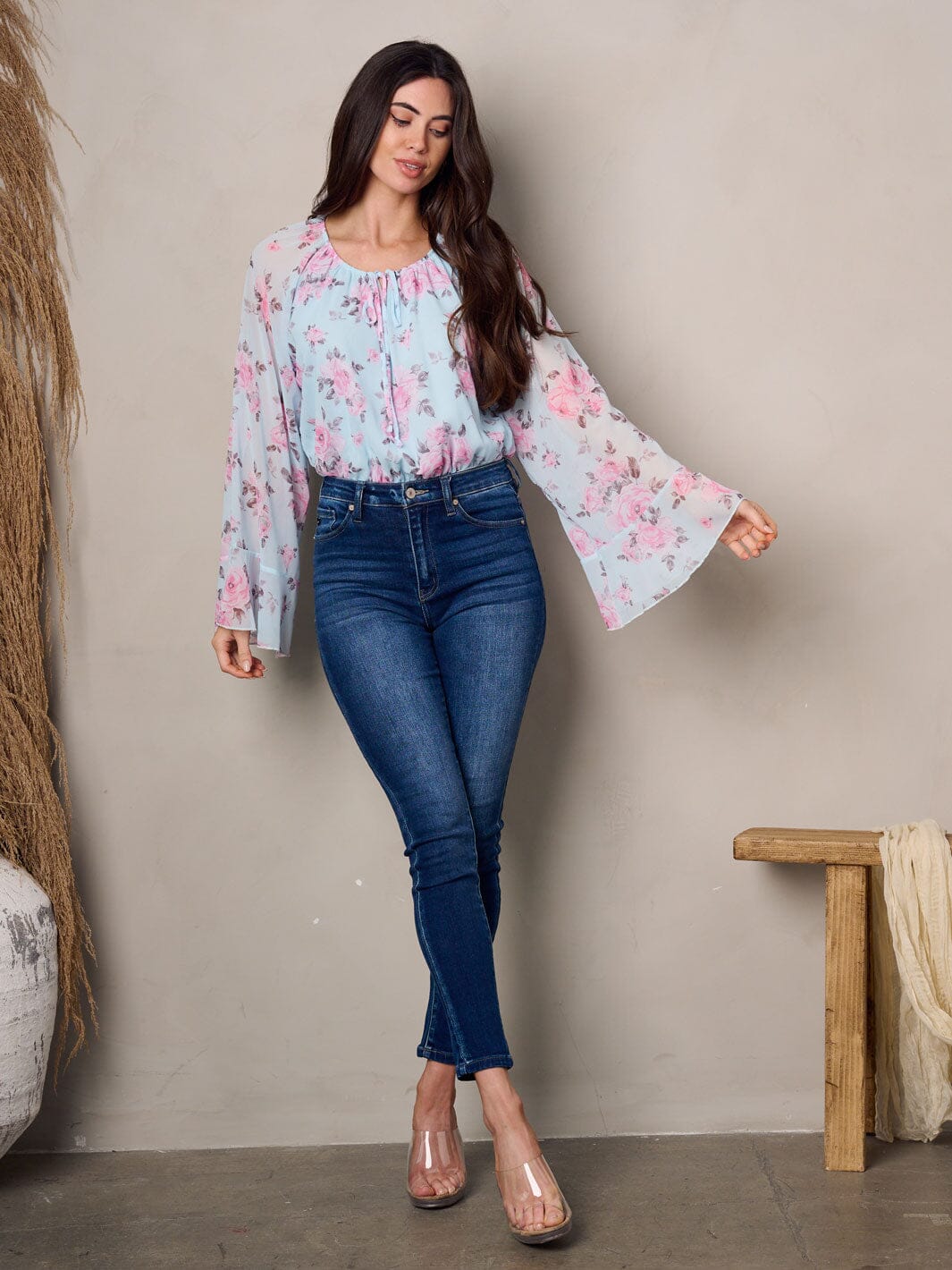WOMEN'S LONG BELL SLEEVES FLORAL BODYSUIT