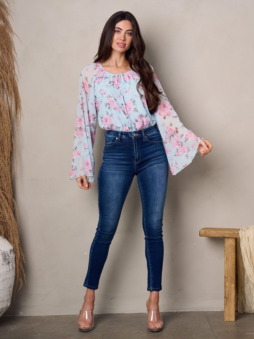 WOMEN'S LONG BELL SLEEVES FLORAL BODYSUIT